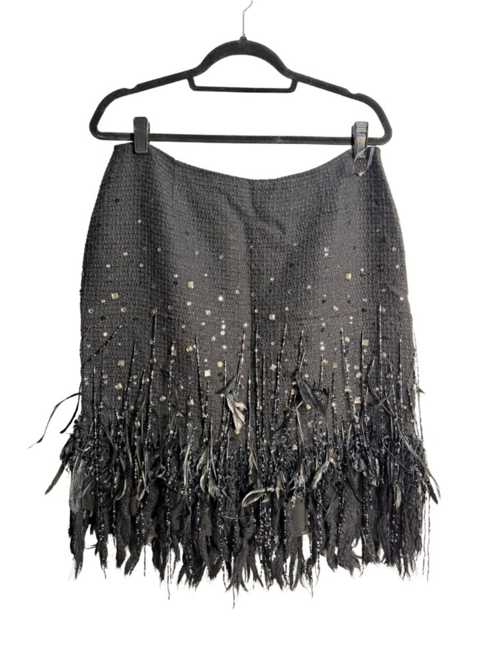 Lafayette 148 Black Tweed Sequin Beaded Feather Fringe Skirt Size 12